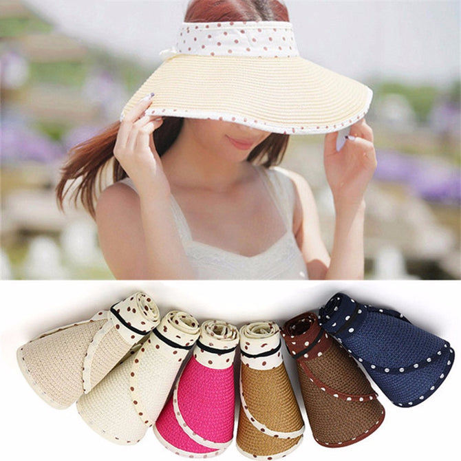 Summer Empty Top Bowknot Dot Raffia Straw Hat Korean Casual Shade Sunscreen Beach Sun Hats Khaki