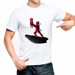 Deadpool Series Spider Man Pattern Printing Men\'s T-Shirt, Cartoon Round Neck Short-Sleeve Cool Men\'s Shirt Tees White/L