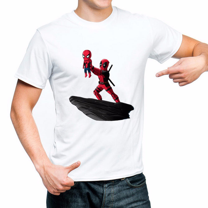 Deadpool Series Spider Man Pattern Printing Men\'s T-Shirt, Cartoon Round Neck Short-Sleeve Cool Men\'s Shirt Tees White/L