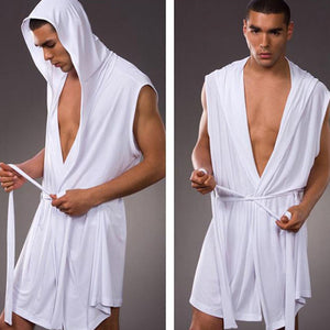 Summer Men\'s Sexy Hooded Robe, Sleeveless Ice Silk Pajamas, Plus Size Men Lounge Kimono Sleepwear, Sexy Smooth Bathrobe White/L