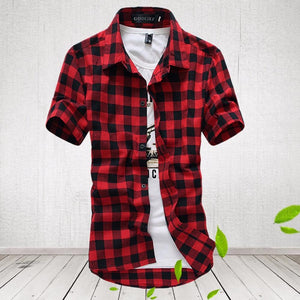 Men Plaid Shirt 2018 Brand Fashion Korean Wild Short Sleeve Shirt Men Cotton Plus Size Top Clothes Red Blue Black Red/XXL
