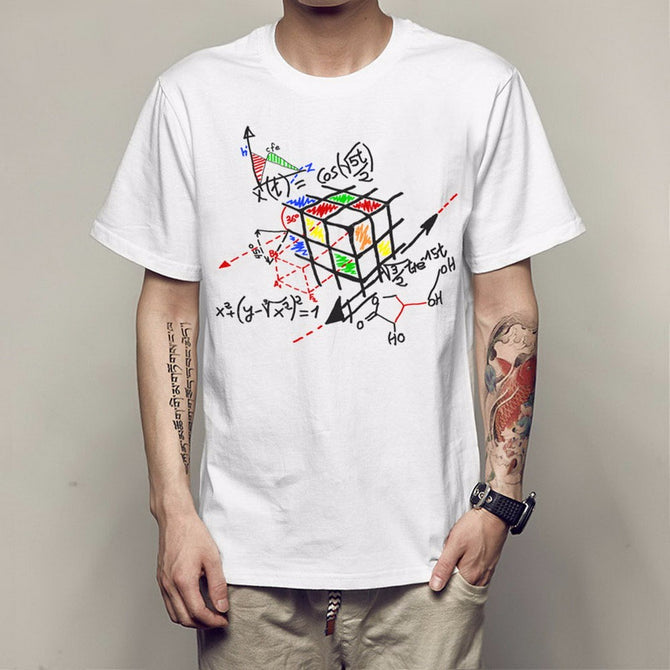 Geometric Rubik Cube T Shirts Men Creative Magic Cube T-shirt Short Tee Cotton Tops Theory Geek Cube Mens T Shirt White/L
