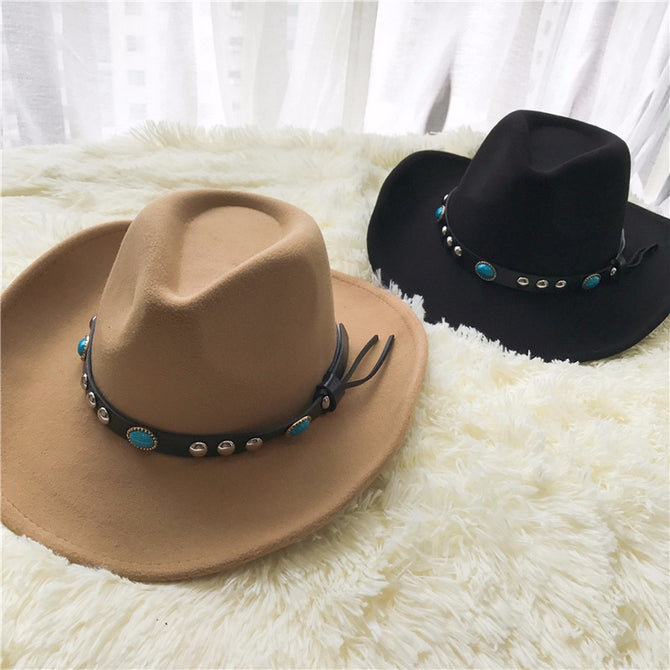 Vintage Western Cowboy Hat For Men Women, Winter Woolen Hat, Cowgirl Jazz Wide Brim Sun Cap Black