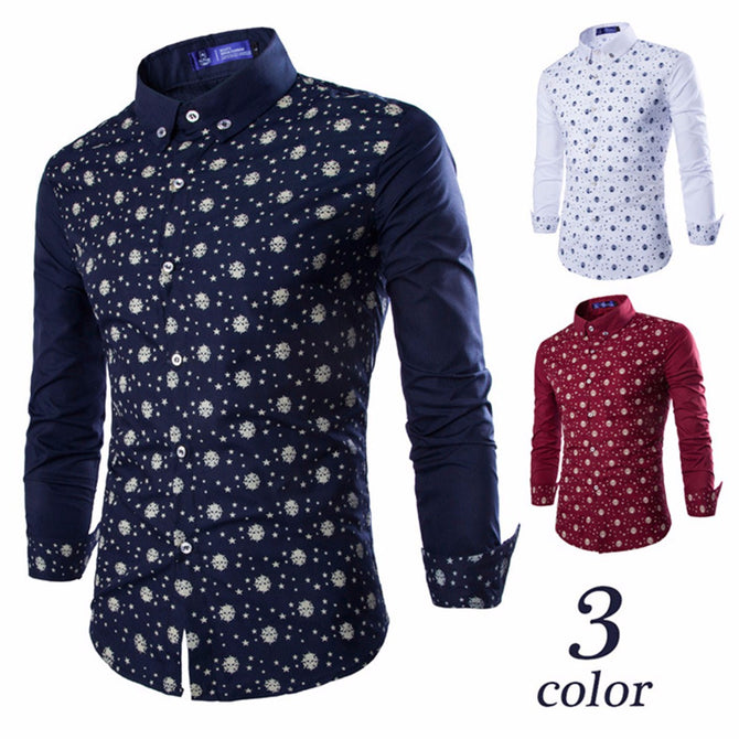 Autumn And Winter New Men\'s Shirts European And American Style Casual Fashion Stars Print Long-sleeved Shirt Camisa Dark Blue/XXL