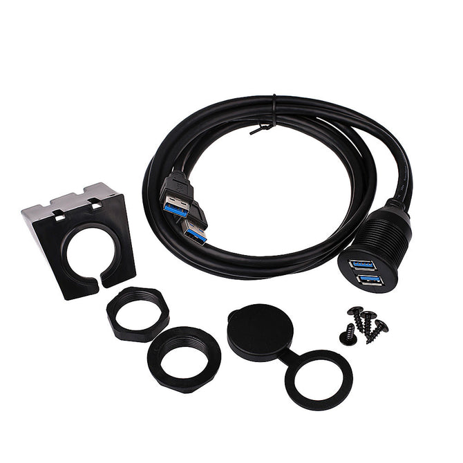 2 Ports Dual USB 3.0 Flush Mount Extension Cable Waterproof for Car Dashboard - Black