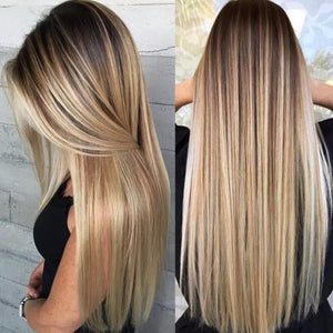 High Temperature Fiber Blonde Ombre Natural Long Straight Synthetic Wig With Bangs, Heat Resistant Hair Wig For Lady 26inches