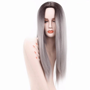Ombre Silver Grey / Blonde Long Straight Heat Resistant Synthetic Hair Wig For Women, Cosplay Or Party Hairpiece Silver Grey/26inches