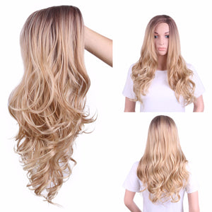 63cm Wavy Long Mixed Medium Brown Ombre Cosplay Synthetic Hair Wig + Cap For Lady Blonde