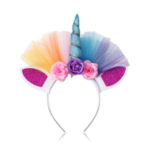 Princess Party Headband Elastic Flower Lace Unicorn Horn Headdress Headbands Party Decoration Halloween Costume Silver