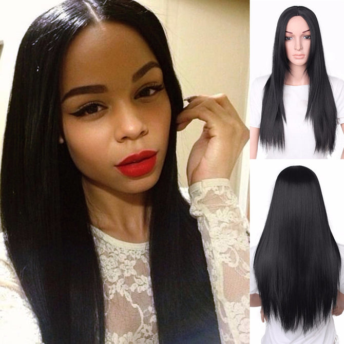 Ladies Black Long Straight Split-Hair Wig Cover, High Temperature Fiber Hair Wig 26inches