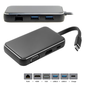 CY UC-081 USB-C USB 3.1 Type-C to HDMI & VGA & USB HUB OTG & Ethnernet & Charge Dock Adapter for Laptop - Black