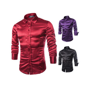 Korean Version Shiny Casual Polyester Long Sleeve Shirt, Fashion Mens Slim Fit Turn-down Collar Shirt Black/L