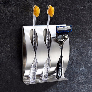 Stainless Steel Wall Mount Toothbrush Holder, 3/2 Hook Self-Adhesive Tooth Brush Organizer Box Bathroom Accessories Silver/Two holes