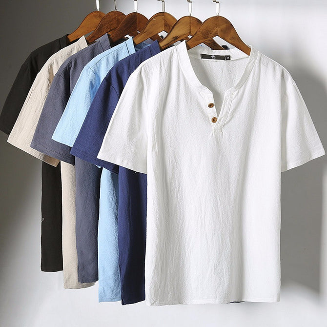 Linen Big V-Neck Male T-Shirt, Japanese Style Solid Color Men\'s Casual Short-Sleeve T-shirt White/5XL