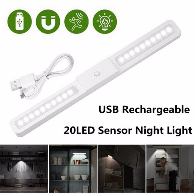 USB Rechargeable 20-LED Motion Sensor Cabinet Night Light, 2-Mode Bar Closet Light Lamp For Wardrobe Stair Kitchen White/White