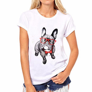 Funny Pug Printed Women T-Shirt White Camisetas Tops Loose T Shirt French Bulldog Tee Shirts White/L