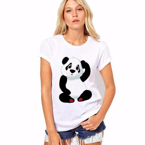 Cotton Women Cartoon Print Panda T Shirt For Women Summer New Short-sleeved O-neck White T-shirts White/XXL
