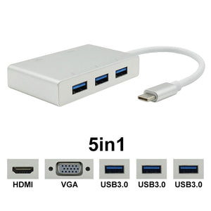 5 in 1 USB-C to 2K HDMI 1080P VGA Adapter Thunderbolt 3 Port Compatible USB 3.0 Converter for Macbook