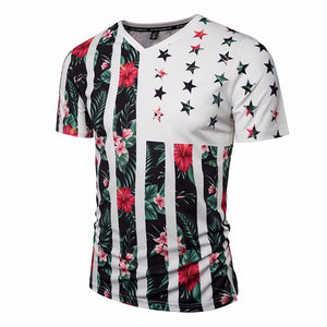 2018 New Summer Men V-Neck T-Shirts 3D Printed Plant Flower Skin Short Sleeve T Shirt White/XXXL