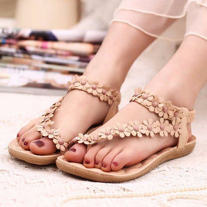 Summer New Flat With Female Sandals, Clip Feet Toe Broken Flowers Flat Shoes, Bohemia Women Sandals Beige/39