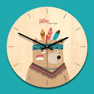 Wooden Wall Clock, Cartoon Animal Printed Home Decoration Round Silent Clock For Living Room Office wooden/Bear