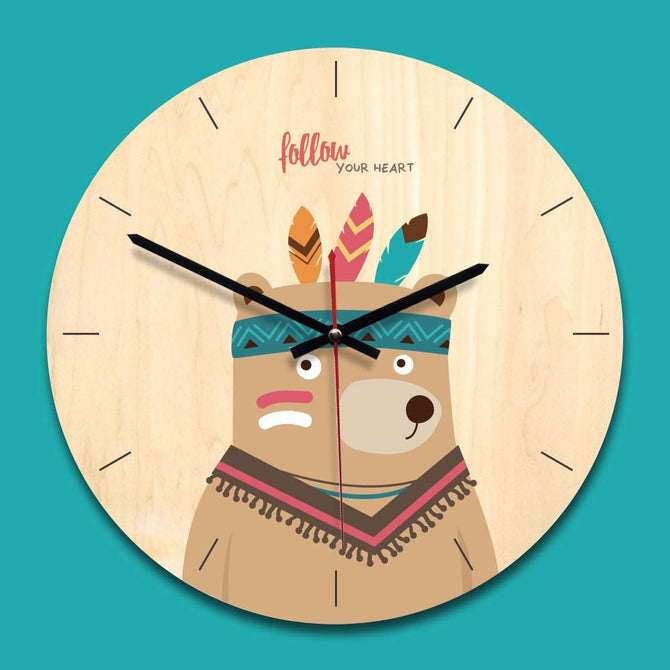 Wooden Wall Clock, Cartoon Animal Printed Home Decoration Round Silent Clock For Living Room Office wooden/Bear