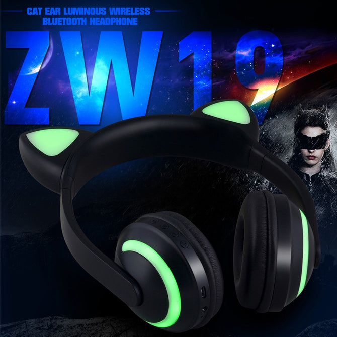 Cat Ear Wireless Bluetooth Headphones Luminous Bluetooth Headset With Microphone Comfortable 7 Colors Changing Black