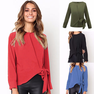 Autumn Winter Women New Long Sleeve Bow Chiffon Ruffle Blouse Irregular Solid Color Women\'s Clothing Casual Shirts Royal Blue/S