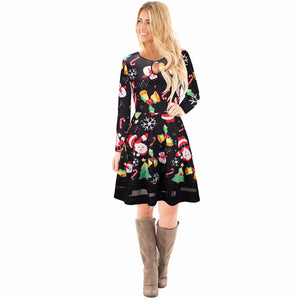 Merry Christmas 3D Printed Long Sleeve Dresses Womens Santa Skater Deer Floral Print Snowman Swing For Women Dress Black/XL