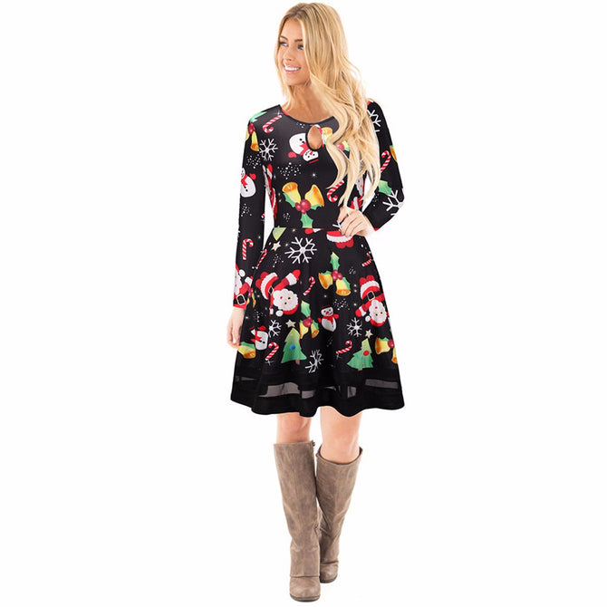 Merry Christmas 3D Printed Long Sleeve Dresses Womens Santa Skater Deer Floral Print Snowman Swing For Women Dress Black/L