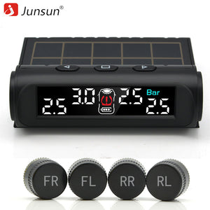 Junsun TPMS Tire Pressure Monitoring System Solar Charge VA HD Digital LCD Screen Auto Wireless Alarm With External 4 Sensors