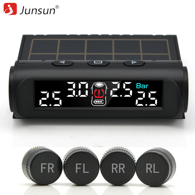 Junsun TPMS Tire Pressure Monitoring System Solar Charge VA HD Digital LCD Screen Auto Wireless Alarm With External 4 Sensors