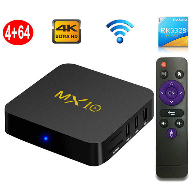 MX10 Smart TV Box Android 8.1 RK3328 Qua-Core 4k HD Wi-Fi USB3.0 Set-top Box Media Player 4GB RAM, 64GB ROM - Black (EU Plug)