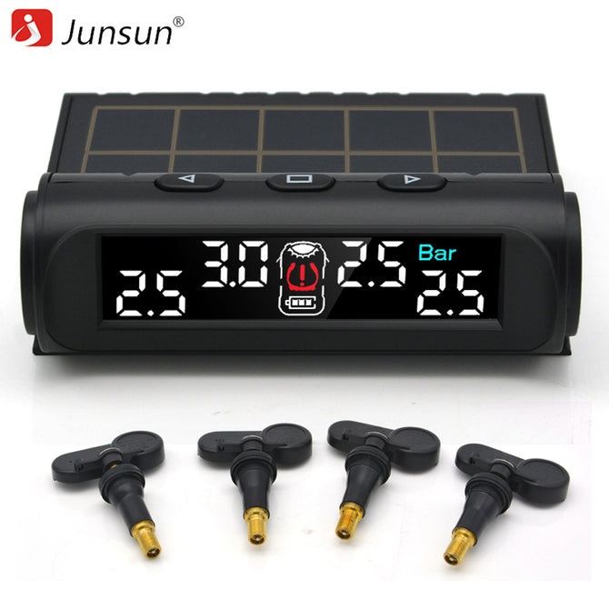 Junsun TPMS Tire Pressure Monitoring System, Solar Charge VA HD Digital LCD Screen Auto Wireless Alarm with Build-in 4 Sensors