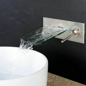 Wall Mounted Brass Bathroom Sink Faucet Water Mixer Tap Nickel Brushed Glass Spout Waterfall Faucets