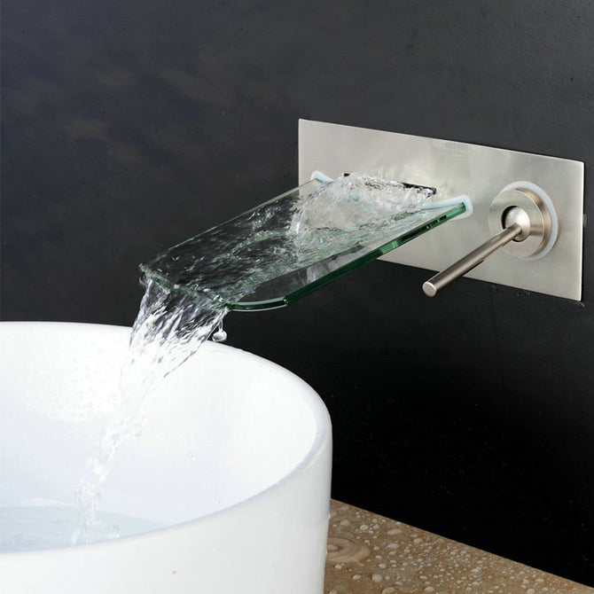 Wall Mounted Brass Bathroom Sink Faucet Water Mixer Tap Nickel Brushed Glass Spout Waterfall Faucets