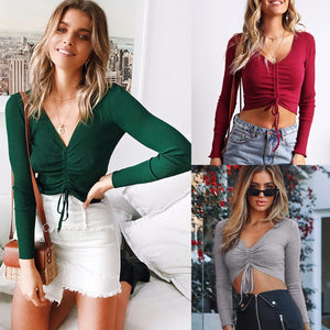 Sexy Causal Winter Autumn V Neck Drawstring Long Sleeve Knitted Sweater Women Slim Pullover Short Top For Women Gray/M