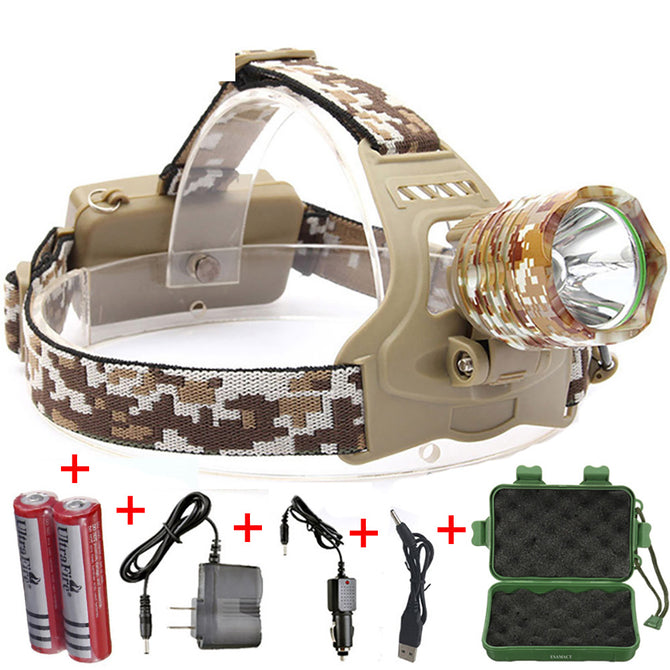 ESAMACT XML T6 LED Headlight 3-Mode Rechargeable Headlight Head Torch Lamp Camping Hunting With 18650 Battery - Camouflage