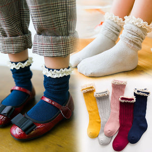 Solid Double Needle Lace Socks Kids Winter Hot Casual Cotton Socks Grils Vintage Socks 5 Pairs For 2-12 Years Multi/4-6T