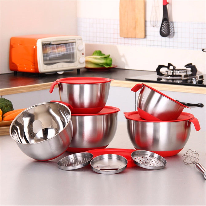 Ingredients Standby Bowls Mixing Bowl Stainless Steel Salad Mixer Kitchen Cooking Tool With A Cover With A Planer Red