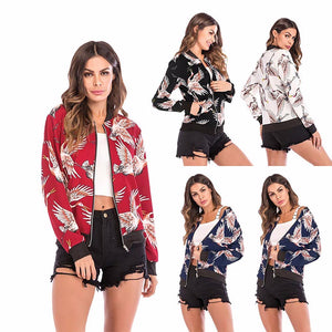 Autumn Women\'s Long-sleeved Zipper Jacket Coat, Fashion Flying Crane Printing Baseball Uniform, Casual Slim Jacket Black/XL