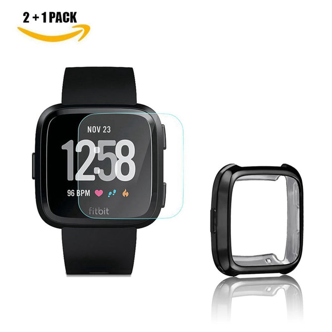 Miimall 2Pcs 9H Hardness Tempered Glass Screen Protectors + 1Pc Soft TPU Shockproof Protective Case Cover for Fitbit Versa