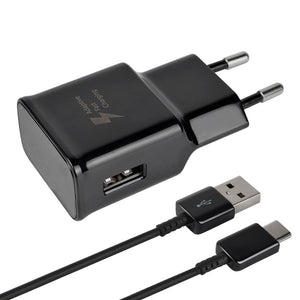 Quick Fast EU Plug Travel Charger Wall Adapter + USB Type-C Charging Cable for Samsung S9 / S8 / Note8 / S8 Plus - Black