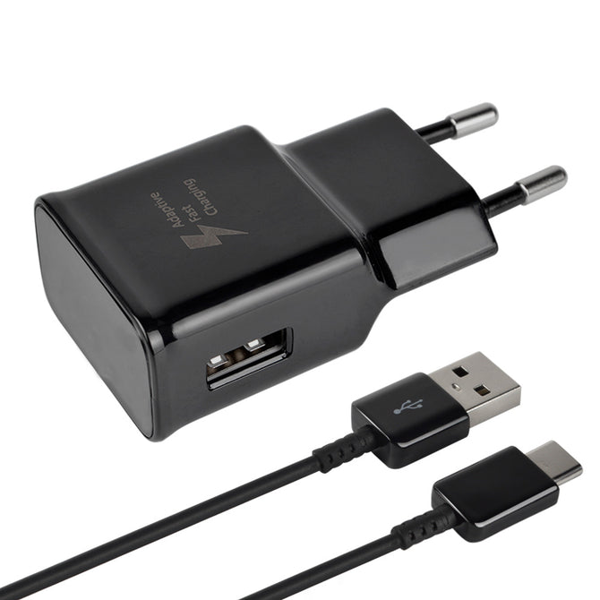 Quick Fast EU Plug Travel Charger Wall Adapter + USB Type-C Charging Cable for Samsung S9 / S8 / Note8 / S8 Plus - Black