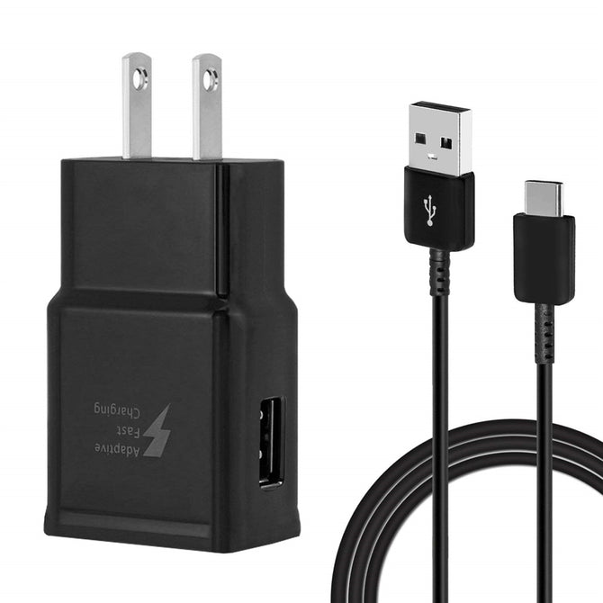 USB Quick US Plug Fast Travel Charger Wall Adapter + Type-C Cable for Samsung S9 / S8 / Note8 / S8 Plus - Black
