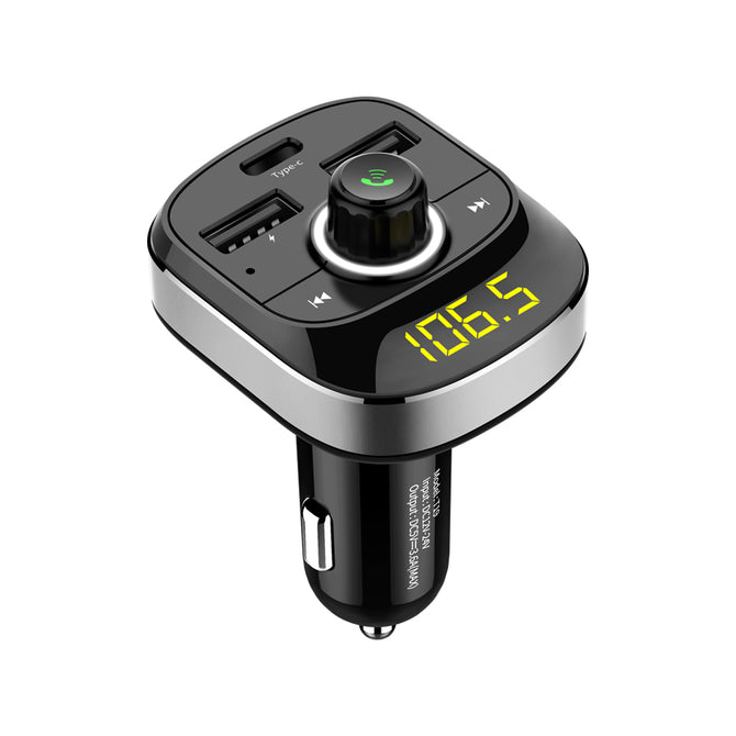 VRrobot HY-T19 Car MP3 Audio Player Bluetooth FM Transmitter Hands-Free Type-C USB Quick Charger - Silver