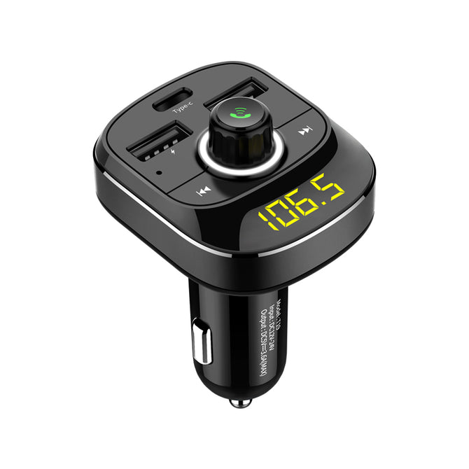 VRrobot HY-T19 Car MP3 Audio Player Bluetooth FM Transmitter HandsFree Type-C USB Quick Charger - Black