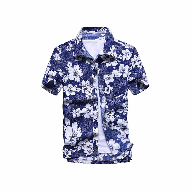 Fashion Flower Printing Loose Shirt, Casual Quick Dry Short Sleeve Men\'s Shirt, Beach Tops Clothes Clothing Blue/XL