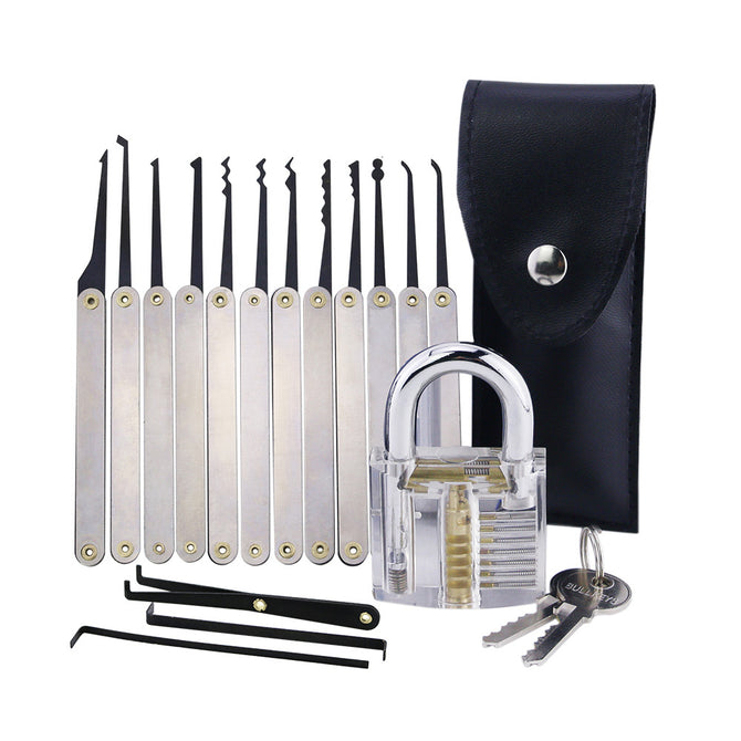 Lockmall Transparent Padlock + Stainless Steel Handle 12-Piece Needles, Practice Lock Set