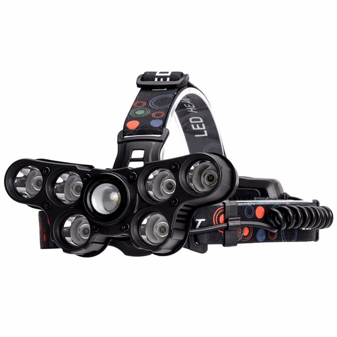 Super Bright 7-LED USB Rechargeable High Power Rotating Zoom Headlamp Head Light With Battery Display White/Black